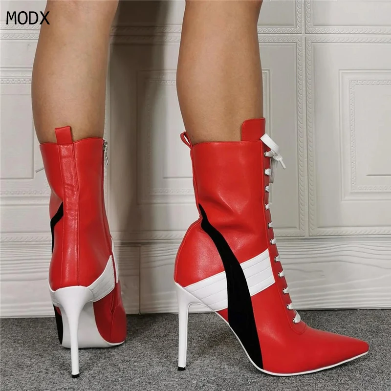 

2026 Women Red Pointed Toe Lace Up Sports Ankle Boots Blocking Side Zipper Stiletto Women's Mid Calf Boots Plus Size 44