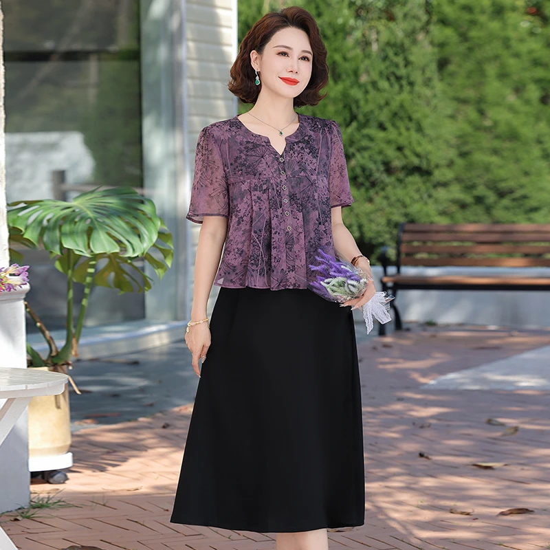 

Women's Clothing New Elegant Fashion Casual Patchwork Printing Short Sleeve Temperament V Neck Chiffon Dresses