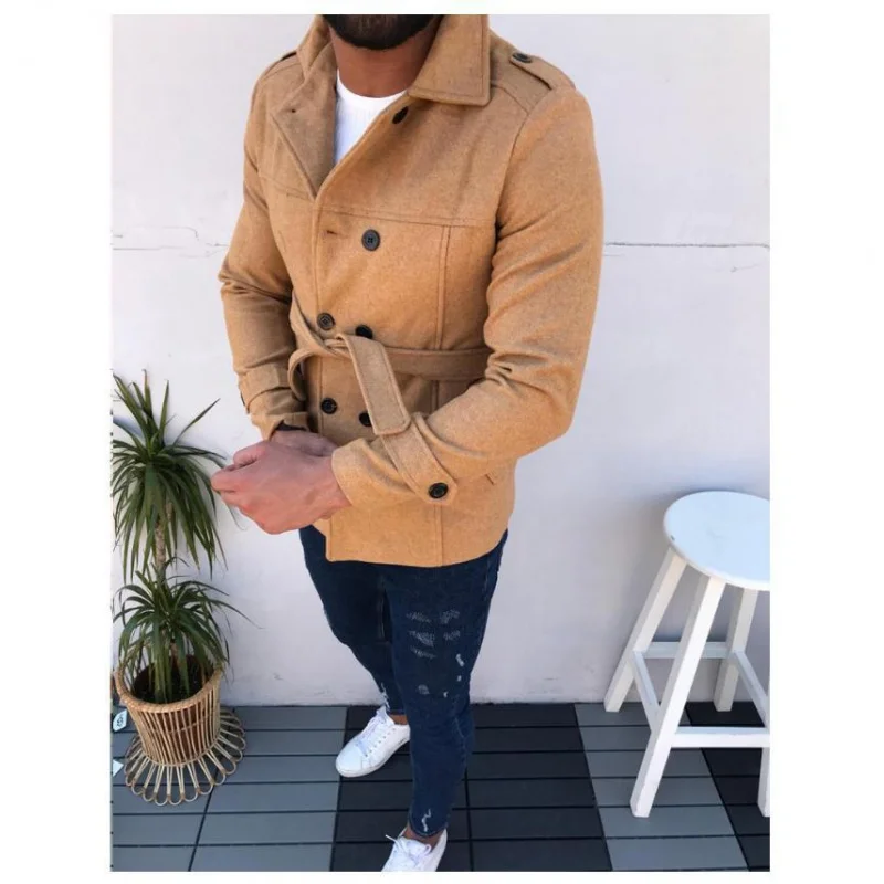 Casaco masculino com cinto de manga comprida, casaco de lã e trench coat duplo breasted