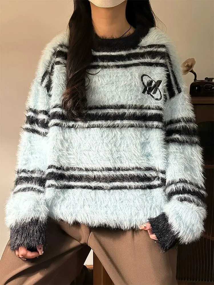 MiiiiX American Retro Striped Contrast Knitted Sweater Women Pullovers 2024 Autumn New Imitation Mink Fur Soft Loose Outerwears