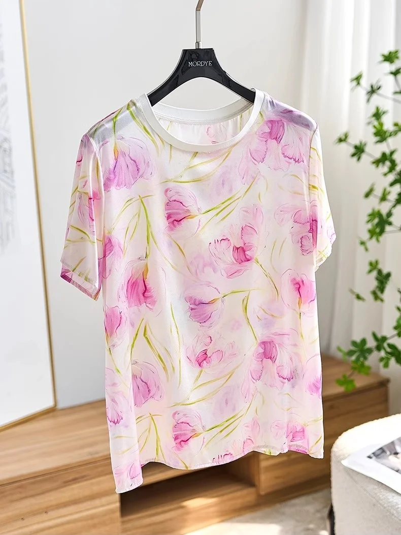 

Silk ort Sve round Ne T-irt Women's Ele Floral Print Straight Cut Commute Sle Summer Faion Casual Top