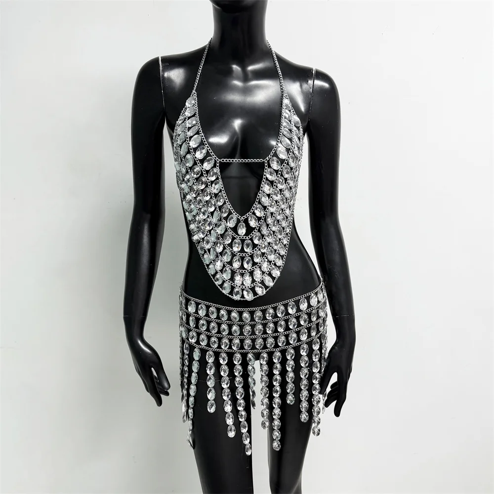Women Bikini Cover Up 2 Pcs Set Shiny Crystal Backless Camisole And Gemstone Tassel Hollow Mini Skirt Suit Rave Festival Outfit