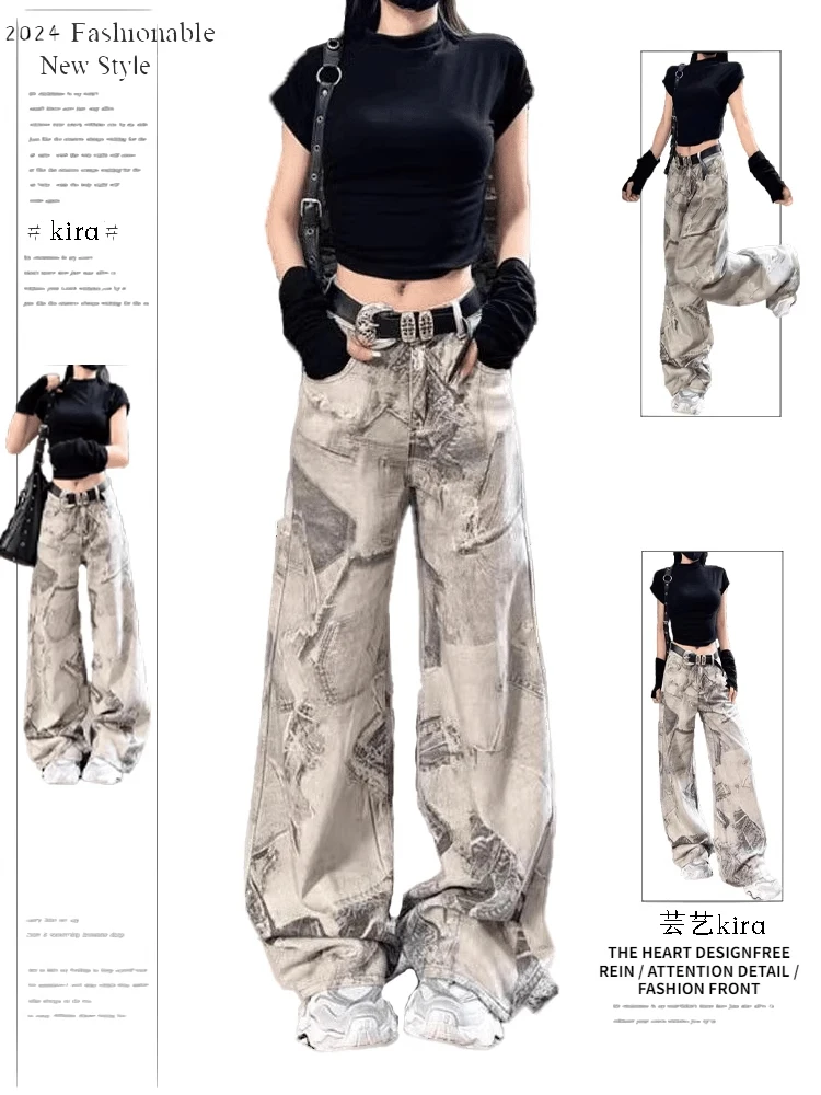 

Summer Women Goblin Core Baggy Print Mom Jean Japanese Y2K Harajuku Wide Leg Denim Pants 2000s Cyber Punk Grunge Tide Gothic