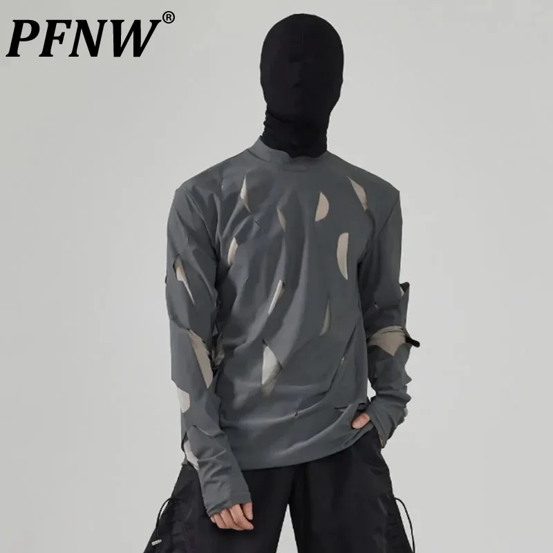 

PFNW New Trend Men's T-shirs Loose Irregular Hole Mesh Patchwork Tops Round Collar Long Sleeve Male Tees Autumn Simple 12C934