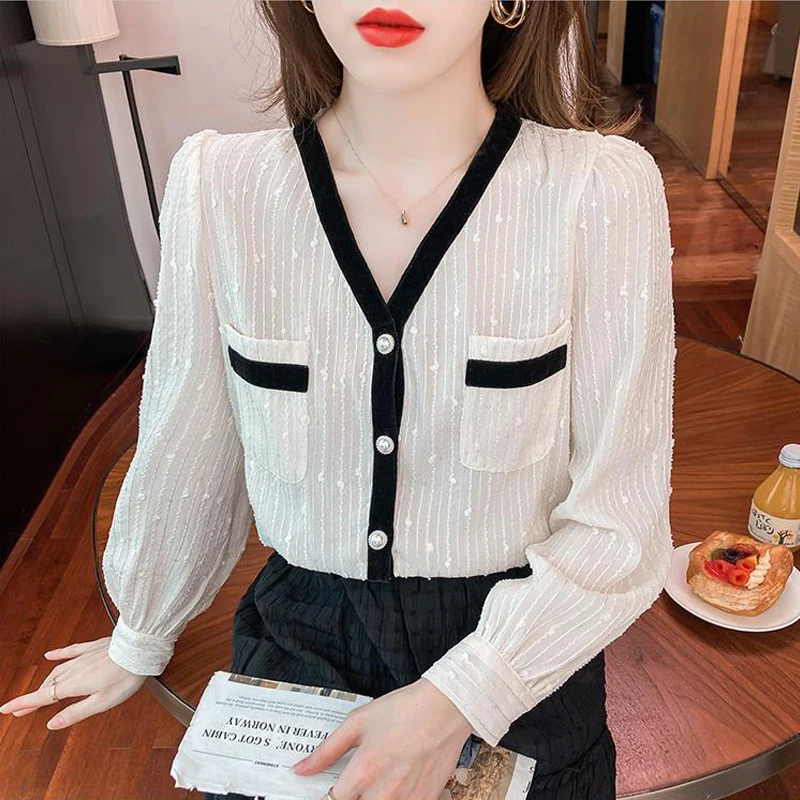 Women\'s Elegant Chic Sequins Pockets Contrast Color Sweet Party Shirts Fashion V Neck Loose Long Sleeve Blouse Top Female Blusas