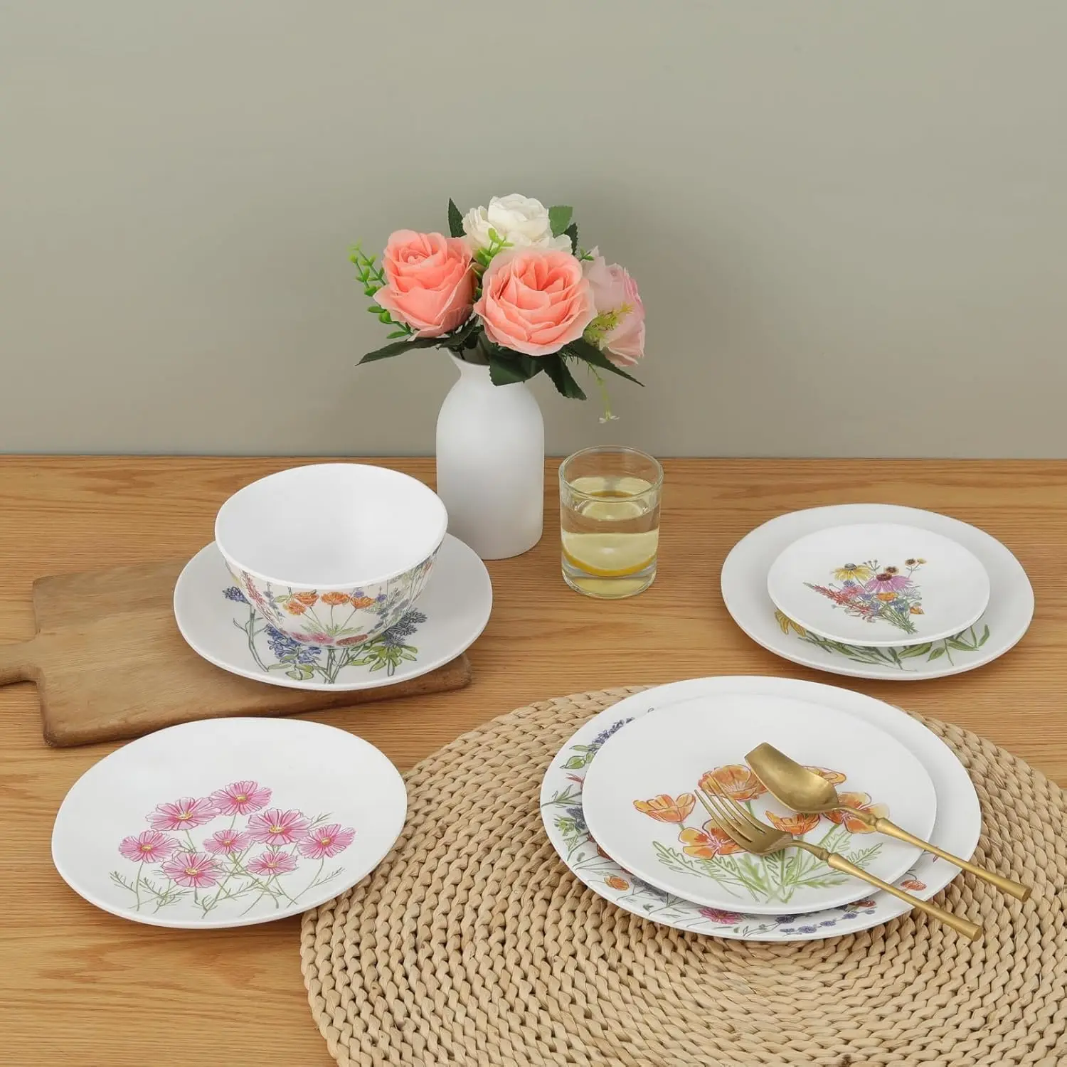 طقم أواني طعام من الميلامين الزهري، 16 قطعة لـ 4 أشخاص، أدوات مائدة للاستخدام الداخلي والخارجي، أطباق وأطباق غير منتظمة الشكل غير قابلة للكسر #3