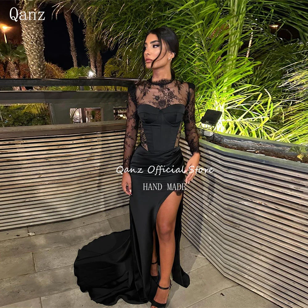 Qanz O Neck Black Lace Evening Dresses High Slit Long Sleeves Illusion Vestidos Para eventos especiales party gowns Customized