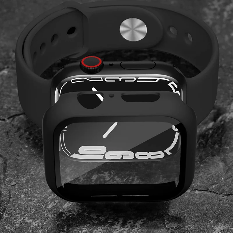 Bracelet de montre en silicone pour Apple Watch, verre, étui, bracelet, bracelet, iWatch Series 8, 9, 7, 6, 5, 4, 3 SE, 44mm, 40mm, 45mm, 41mm, 38mm, 42mm