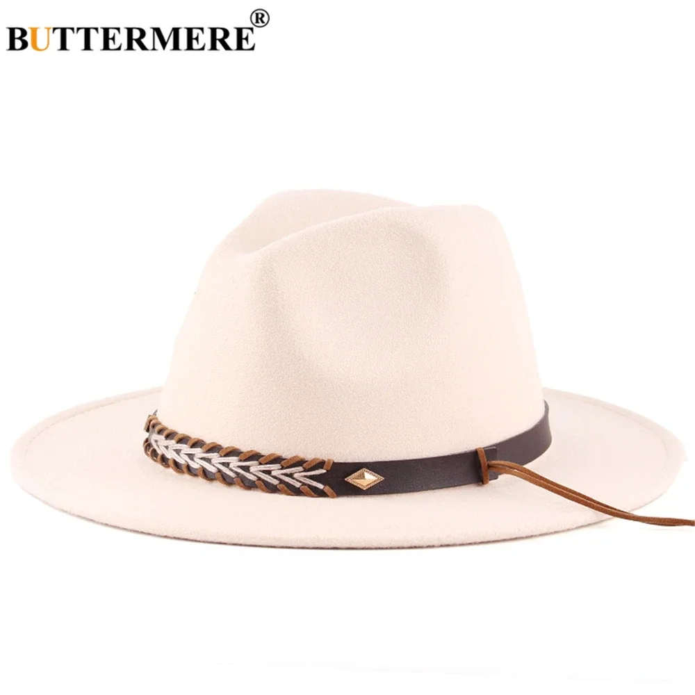 

BUTTERMERE New Beige Winter Autumn Fashion Hats for Women Fedora Hat Men Black Hat Belt Decoration Red Black Navy Fedora