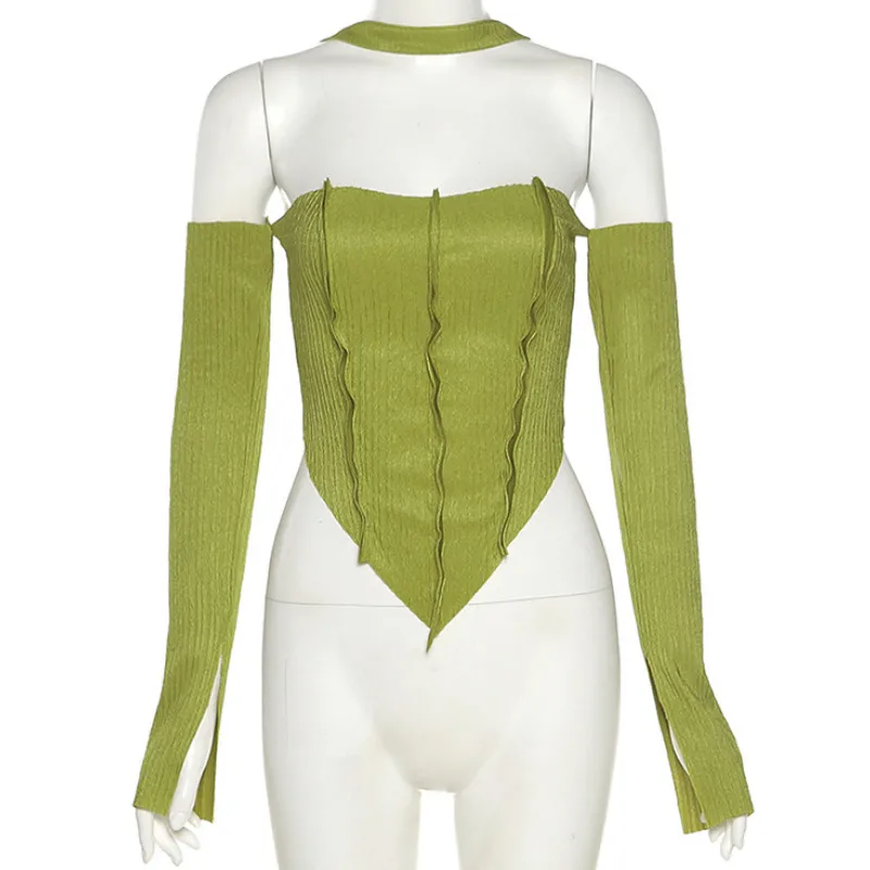 Tops cortos para mujer, ropa y2k Harajuku con cuello Halter y hombros descubiertos, camiseta Sexy de manga larga de Color sólido con corsé para mujeres jóvenes