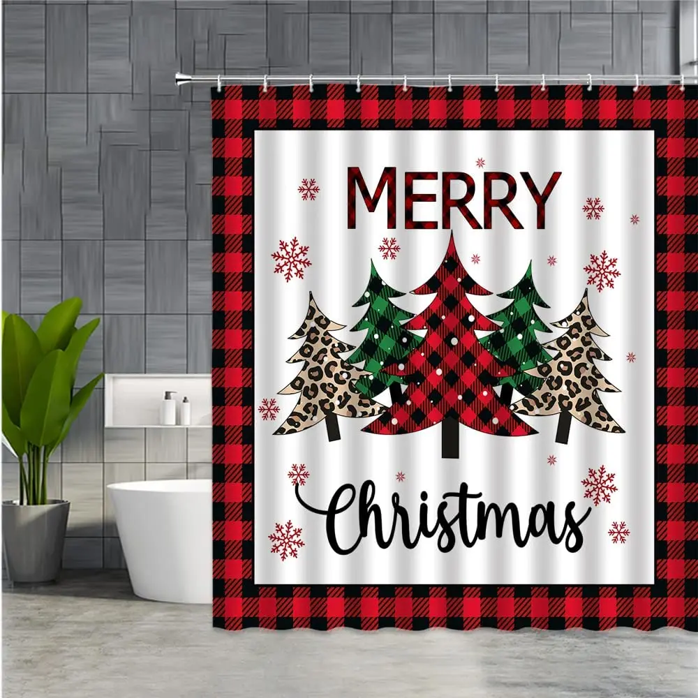 Merry Christmas Tree Shower Curtain Bathroom Red Buffalo Checkered Snowflake Decoration Accessories Curtains with Hooks