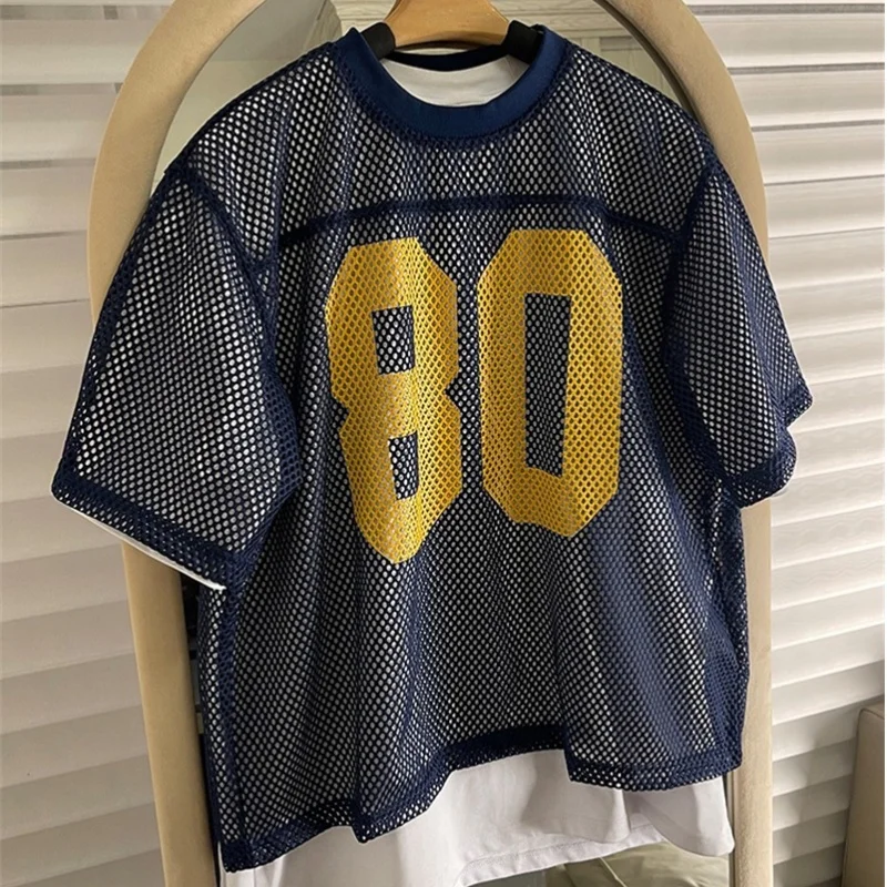 

Summer Saint T Shirt 80 Print Perforated Mesh Rugby Uniforms Loose American Hip Hop Short Sleeved Tshirt Men Women Jerseys