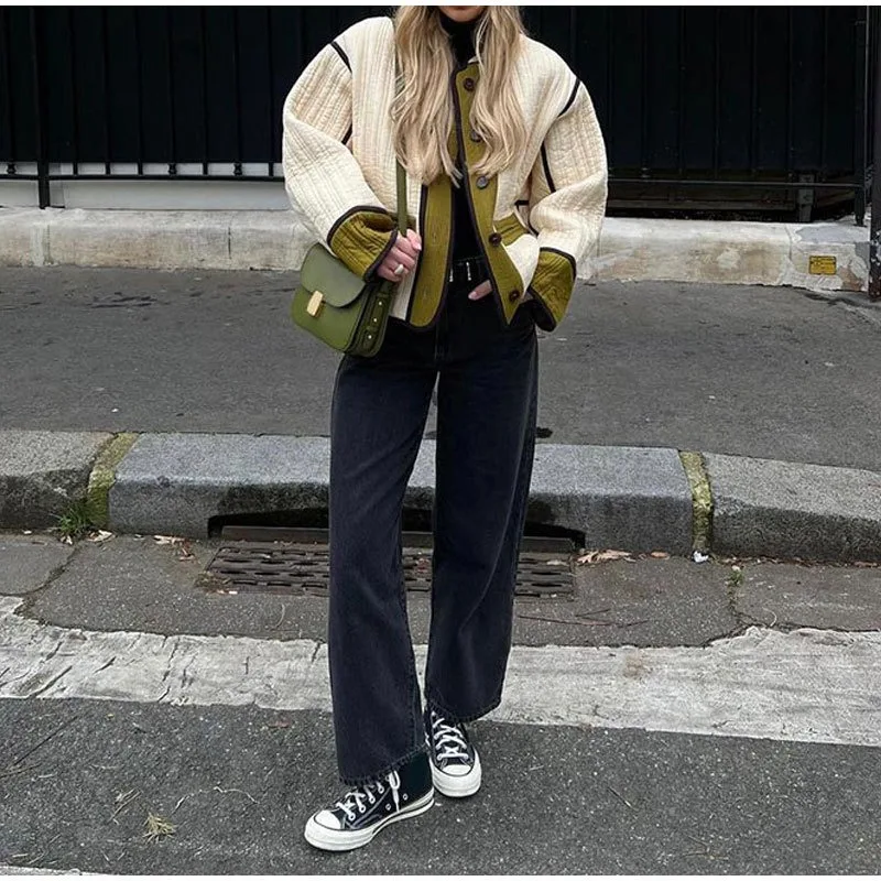 

Crewneck Color-block Long-sleeved Button Jacket 2024 European and American Fashion Women Autumn and Winter Commuter Casual Coat