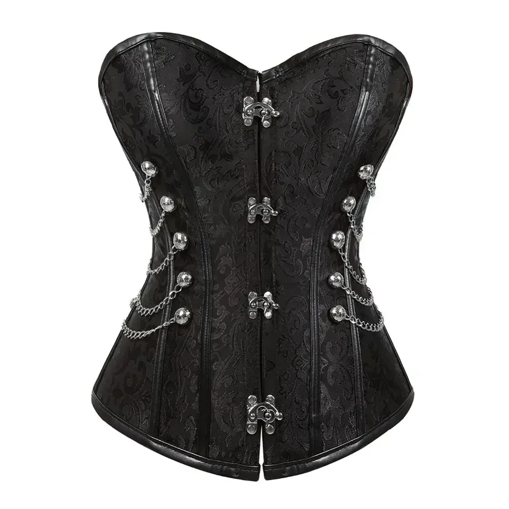 Steampunk Pirate Goth Corset Dress Bustiers Skirt with Blouse Chain Steel Boned Corselet Sexy 3 Piece Goth Outfit Rave Costumes