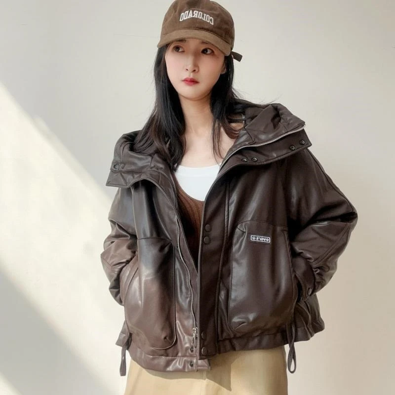 

New Cotton Coat Winter Short Korean Leather Coat Trend Cotton Coat Thickened Loose Warm Zipper Black Coffee Women's Clothing