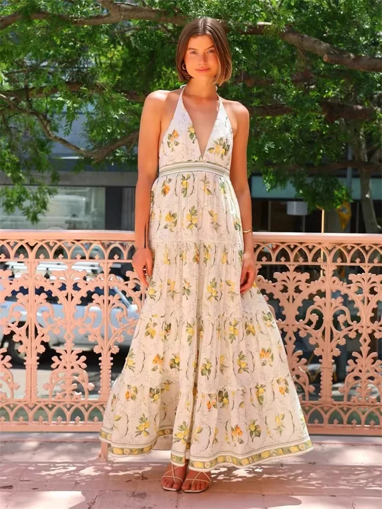 Vestido Largo Estampado Susan Long, Estilo Dulce, Espalda Descubierta, Cuello en V, Estampado de Frutas, Estilo Vacacional, C...