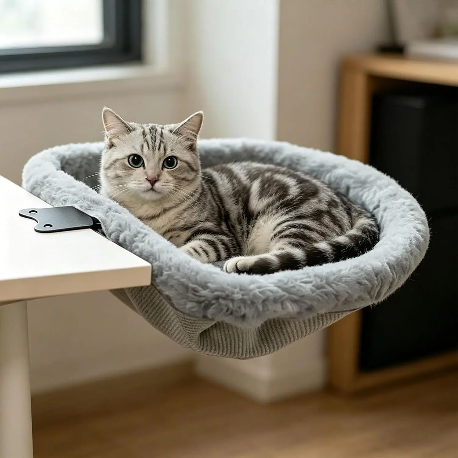 Lit de bureau pour chat pliable en un clic, design encastré, gain de place, hamac semi-circulaire pour chat, pour la maison, le bureau et les chats d'intérieur.