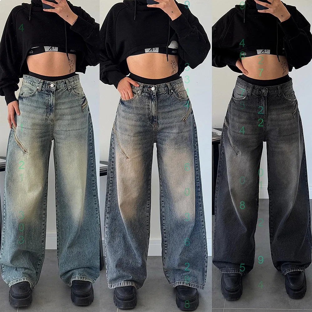 

Vintage Washed Loose Fit Women Jeans Denim Pants Gradient Distressed Streetwear
