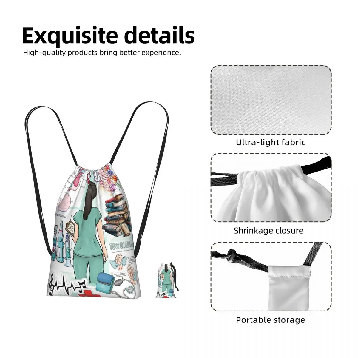 Enfermera En Apuros Doctor Nurse Drawstring Backpack hiking cycling Bag Portable Travel Drawstring Bag for Men Women