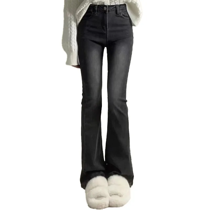 

Retro Gray Micro Flared Jeans for Women Niche High Waisted Design Pants Spring and Autumn New