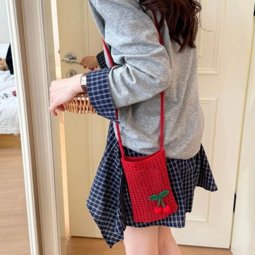 Korean Style Hollow Knit Woven Crossbody Bag Handwoven Mini Phone Purse Cotton Rope Decorative Cherry Shoulder Bag Daily Use