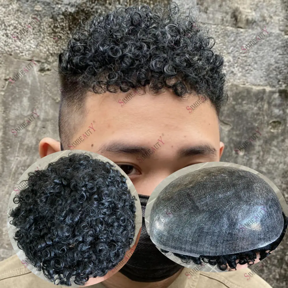 

15mm Afro Man Curly Human Hair Men Toupee Natural Hairline Super Durable Full Skin PU Black Brown Men Capillary Prosthesi System