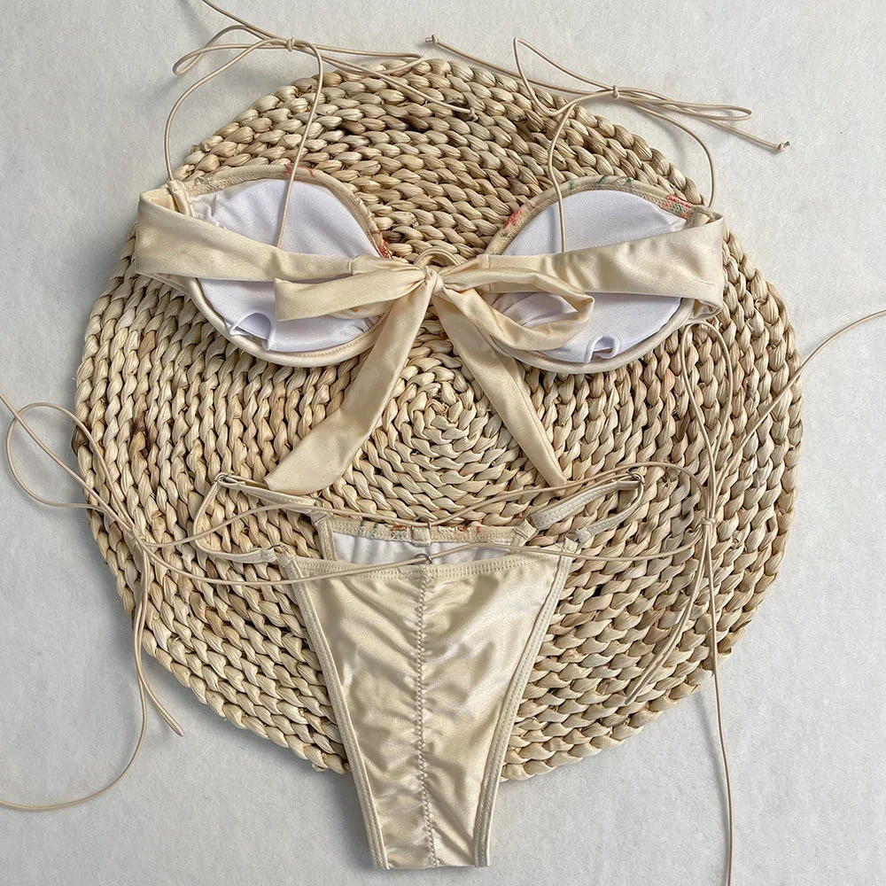 Beige Shiny Flower Embroidery Swimwear Thong Micro Push Up Bikini Set Sexy Swimsuit Women 2025 Bathing Suit String Bikinis Mujer