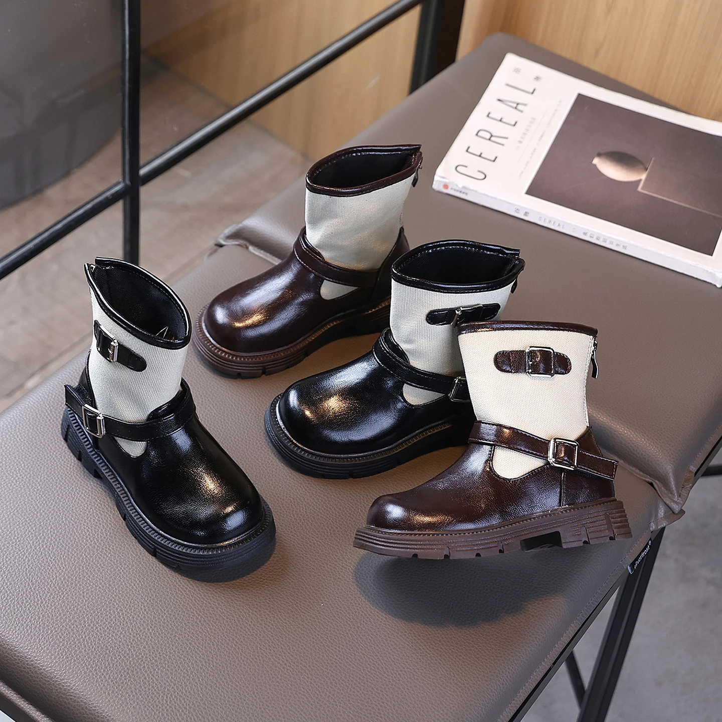 Girls Mid‑Calf Fashion Boots, PU Leather & Elastic Sock Upper Metal Buckle Strap, Back Zipper Thick Sole Kids Dress Ankle Boots