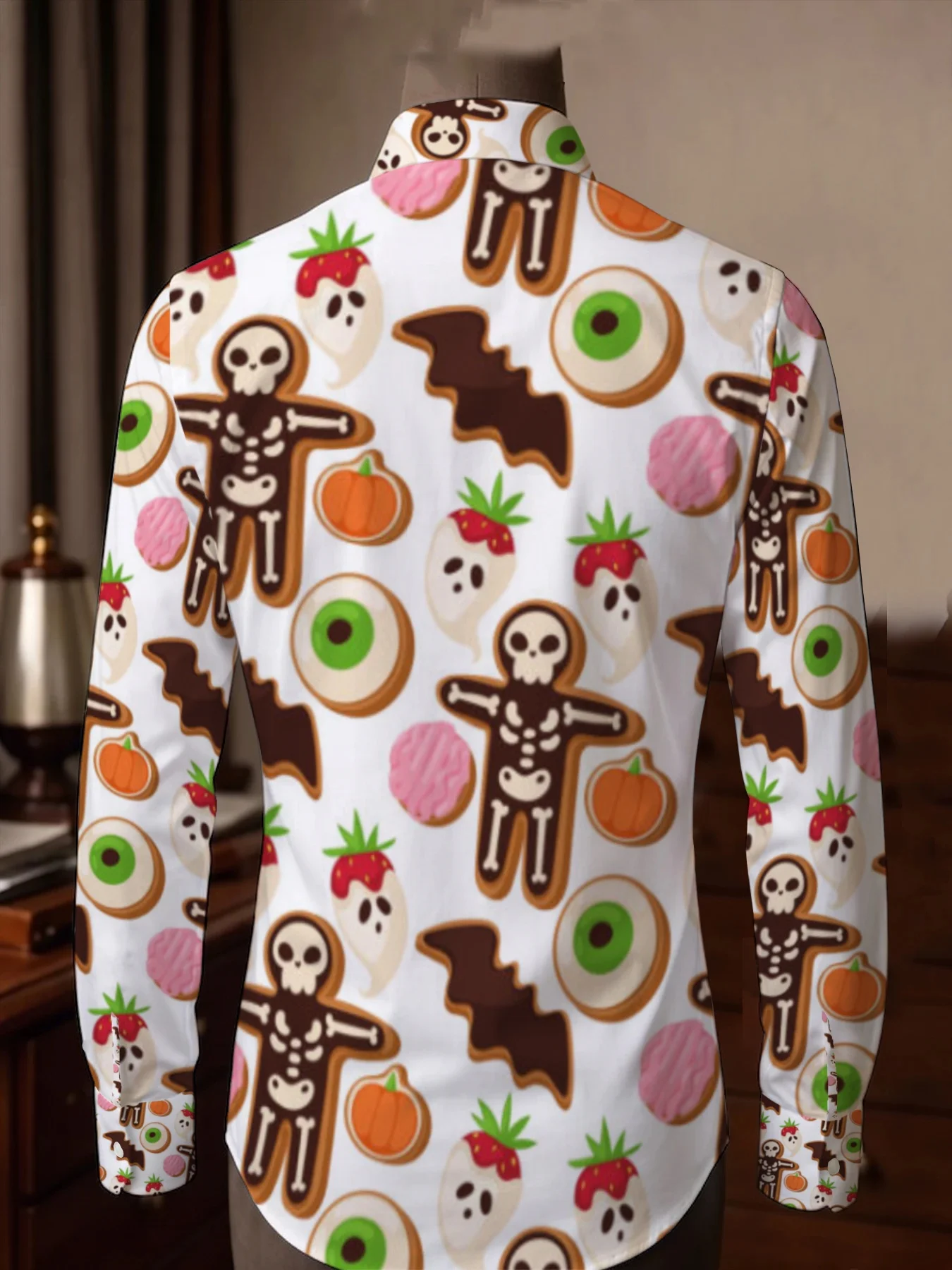 Cute Horror Style Men Lapel Collar Shirt White Base Ghost Pumpkin Bat Cookie Graphic Polyester Long-Sleeve Blouse