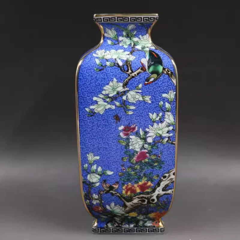 Chinese Enamel Porcelain Gilt Edge Flower Bird Design Four Sides Vase 9.92 inch