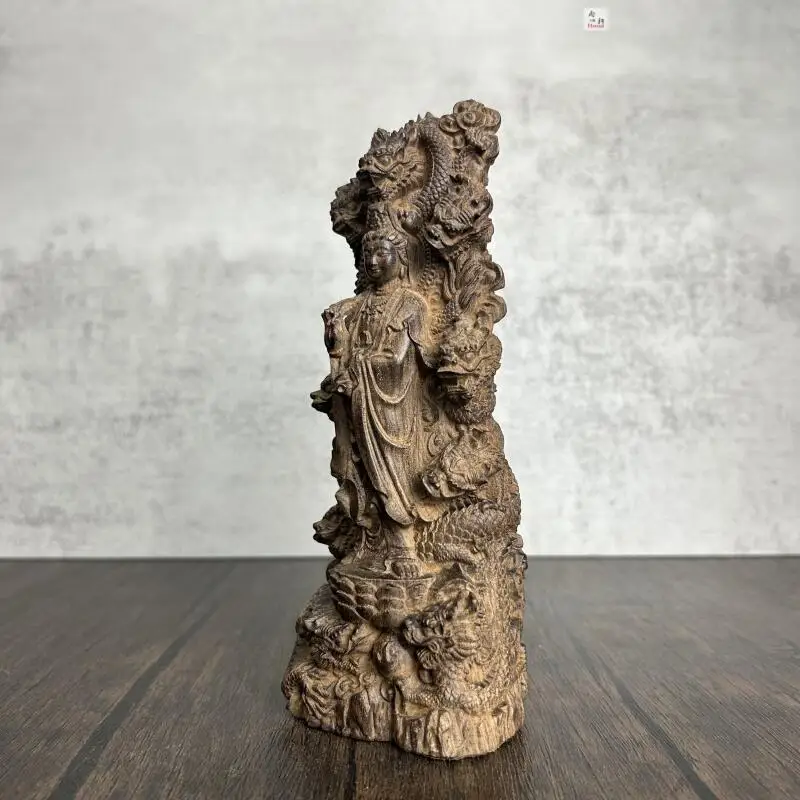 Natural wood carving Nine Dragon Guanyin Bodhisattva Buddha statue home Buddhist hall offerings desktop decorations ﻿