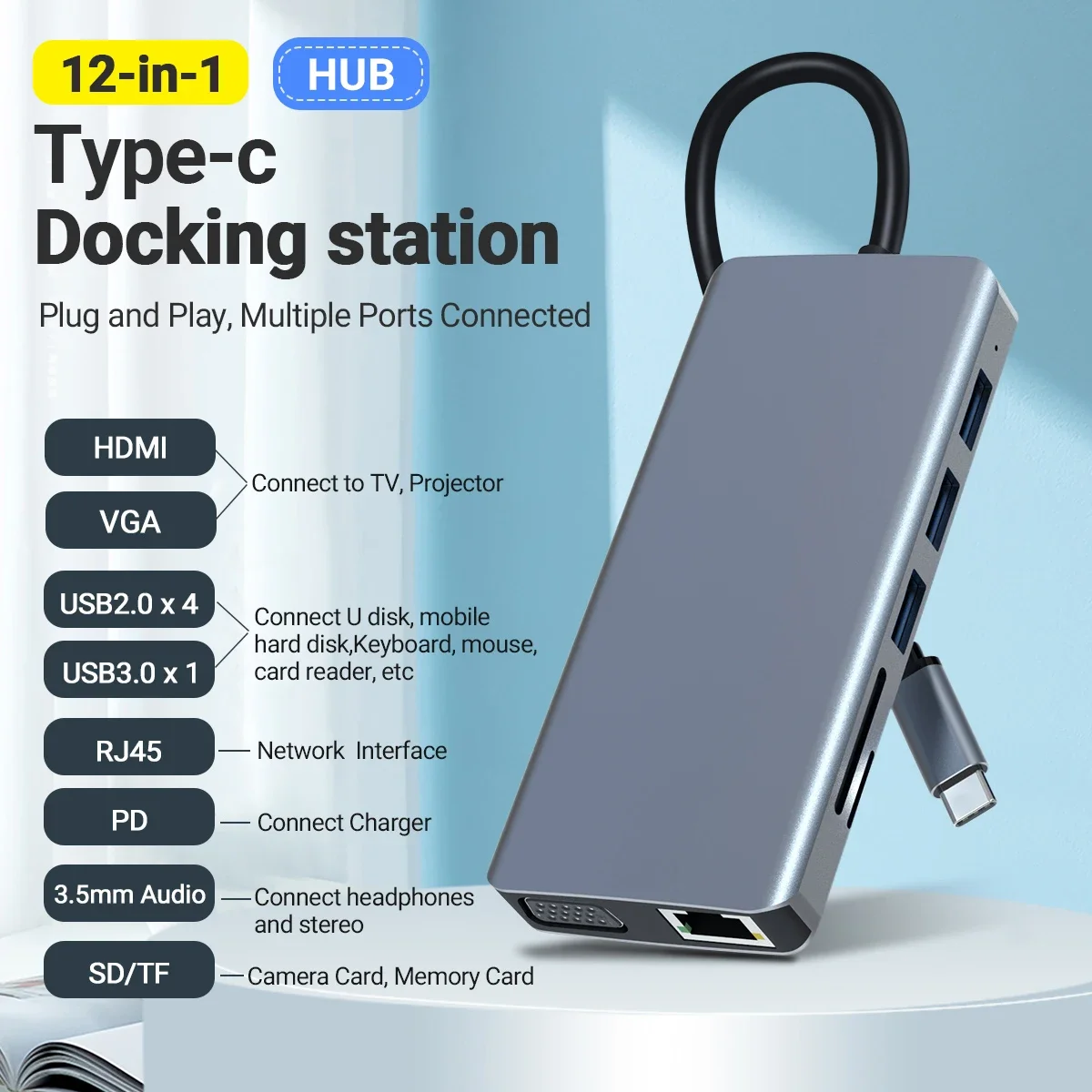 

12 in 1 Dual Monitor Type-C Hub Docking with HDTV 4K VGA 1080p 5 USB Port 100W PD Charger 100M Ethernet SD/TF Audio