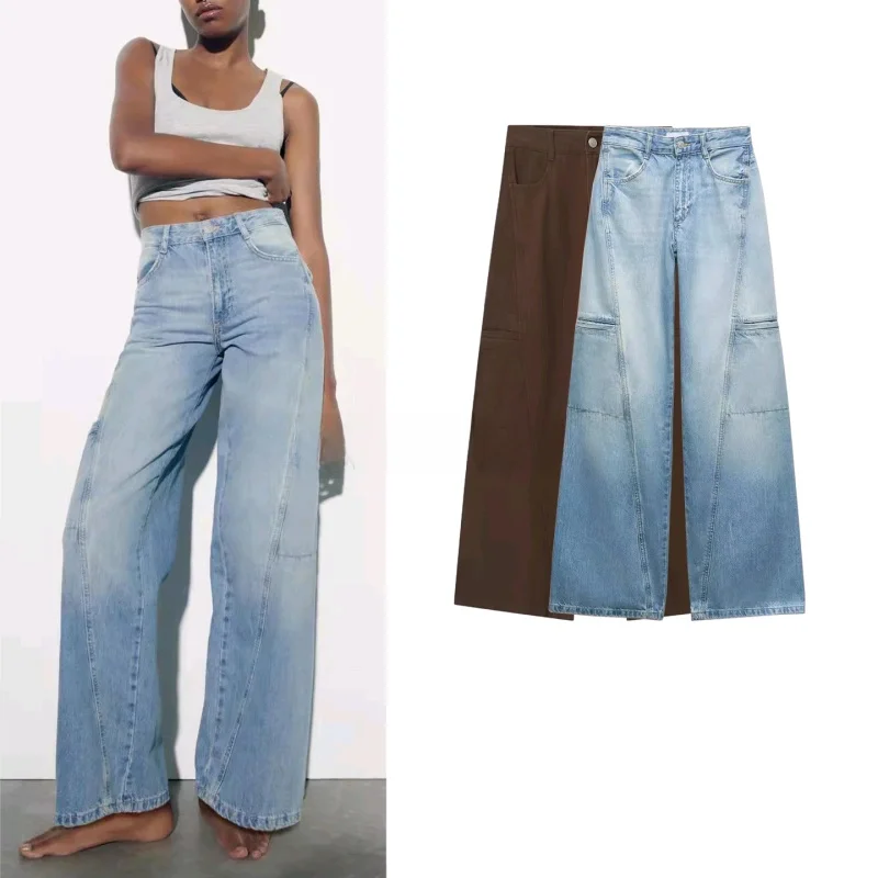 

Spring Summer Women's mat Waed Effect Workwear Sle mid Waist Wide Leg Straight Long Jeans Casual High Waist Zipper