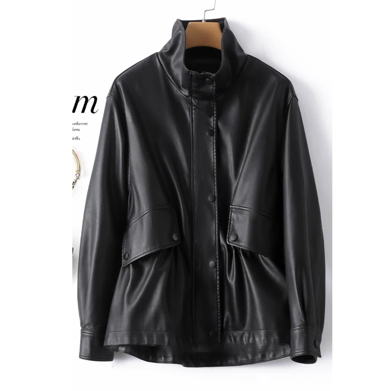 M-3XL Fashion Stand Collar Shrink Waist Sheepskin Jackets 2024 Fall Casual Loose Female Zipper Covered Button Split Leather Coat