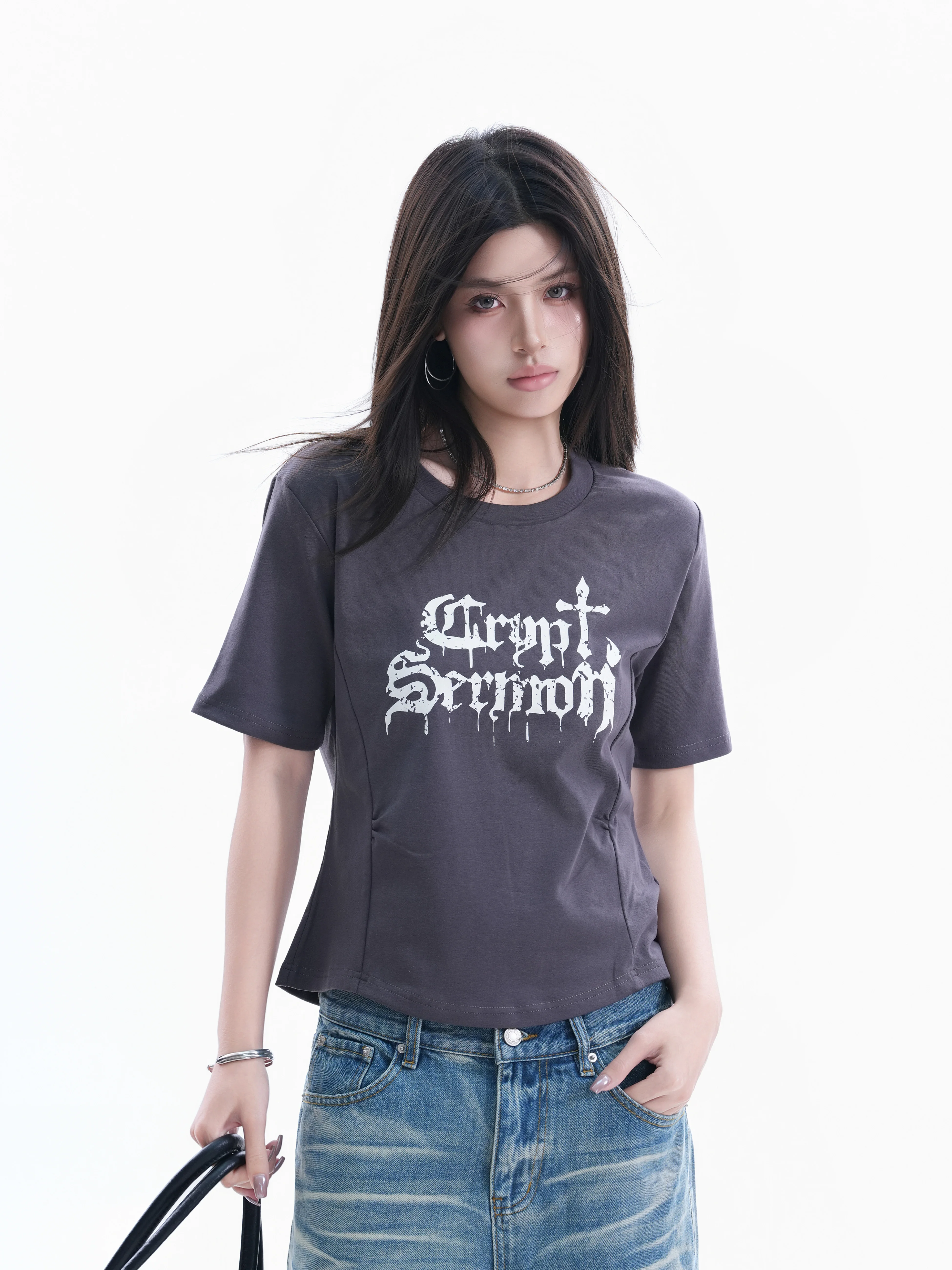 

Gothic Letter Print Short Sleeve T-Shirt Women's American Retro Waist Slimming Sexy Top Cleanfit Cotton round Neck Short Length