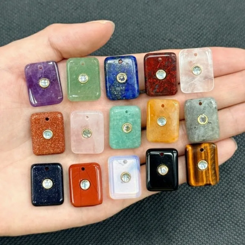 10pcs Stone Beads 20mm Zircon Inlaid Natural Stone Plain Tablet Hole Pendant Amazonite DIY Necklace Charms Wholesale