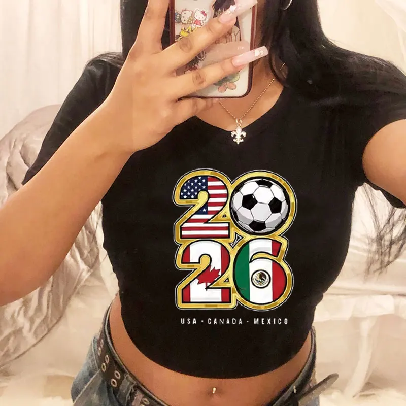 2026 Soccer Fan US Canada Mexico Graphic Printing Crop Tee Girls Summer Slim Top Girls Casual Summer 90s Tops