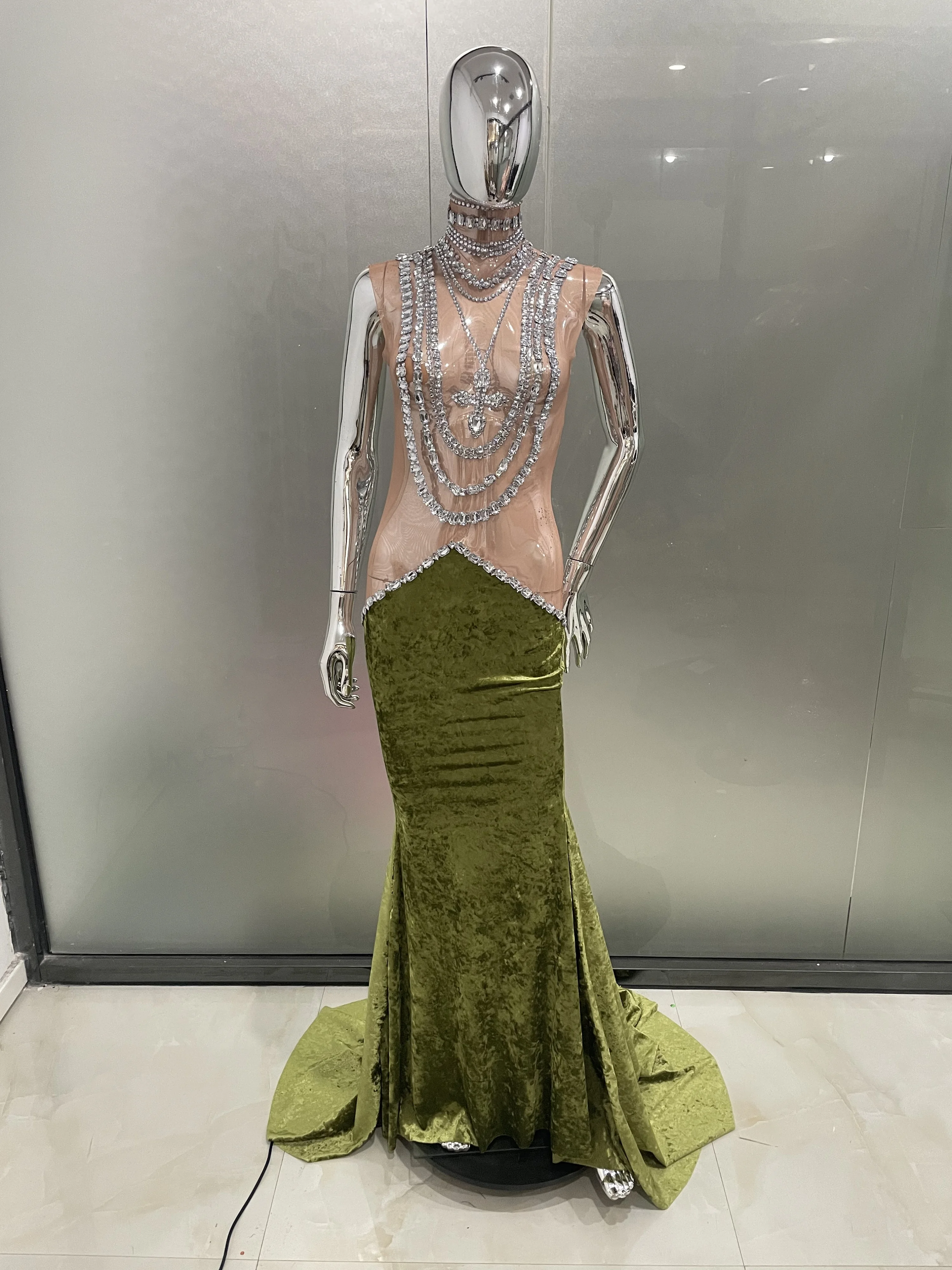 Sparkly Rhinestones Green Velvet Luxury Evening Dresses Women sexy mesh See through party Gala Stage  Mermaid long Prom Gowns