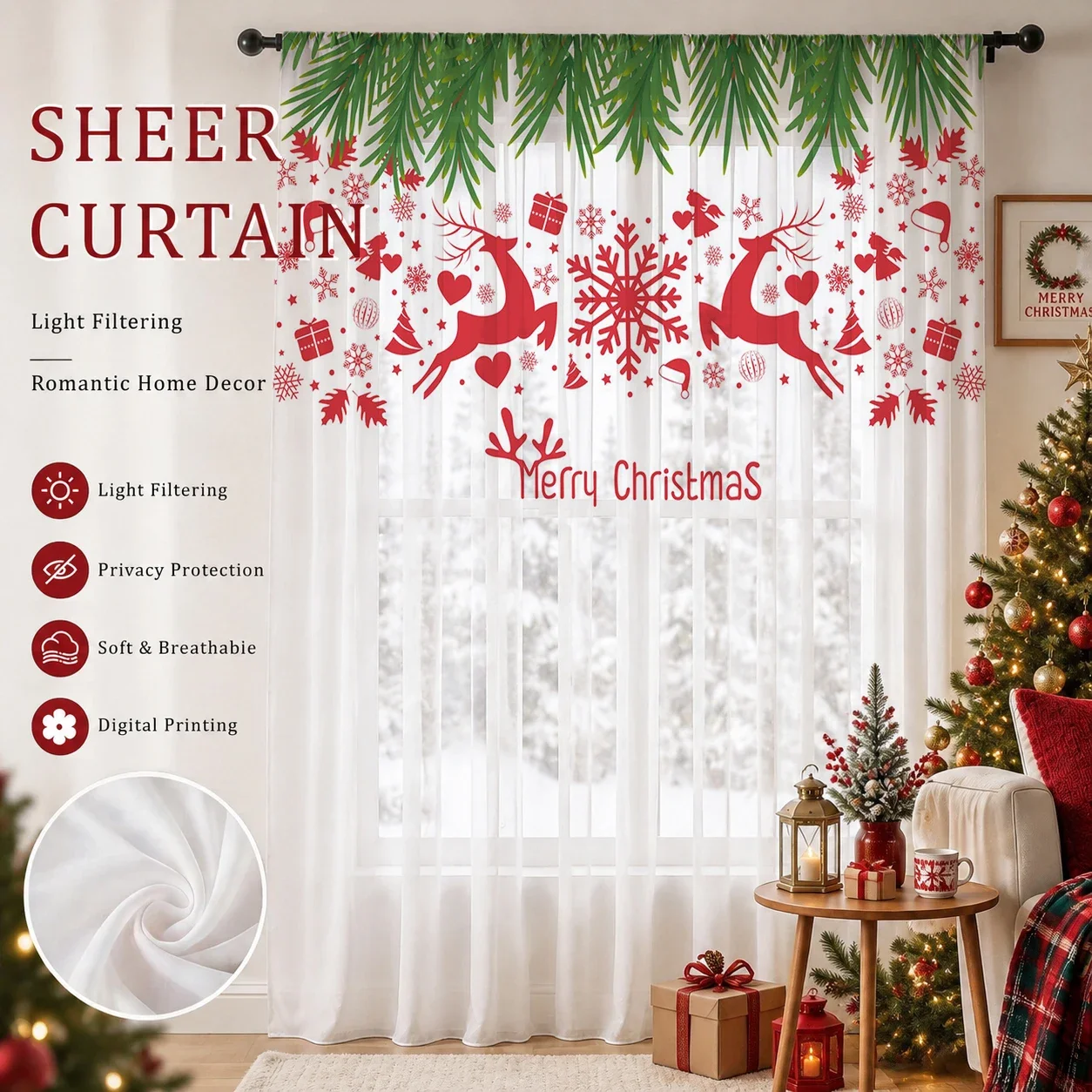 Christmas Gradient Sheer Curtain, Good Quality Light Reducing Privacy Voile for Living/Bedroom/Kids Room,Christmas's Day Gift - view 4