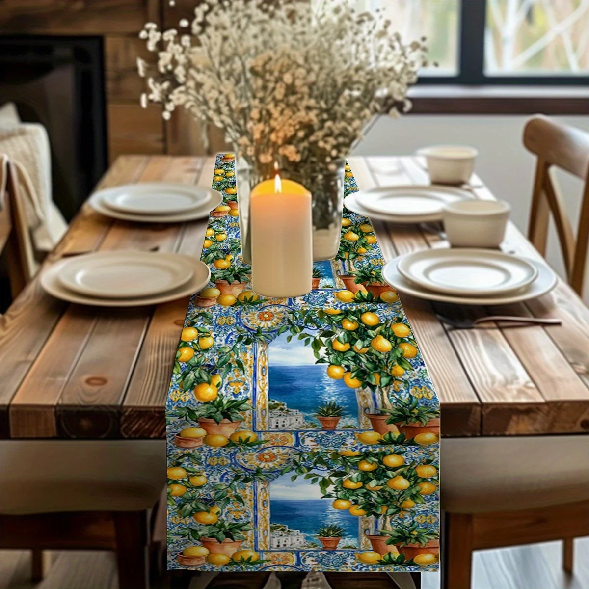 1 Piece Lemon Tree Mediterranean Style Table Runner, Suitable for Farmhouse, Indoor, Kitchen, Celebrations, Table Decoration, Restaurant and Banquet Decoration Supplies