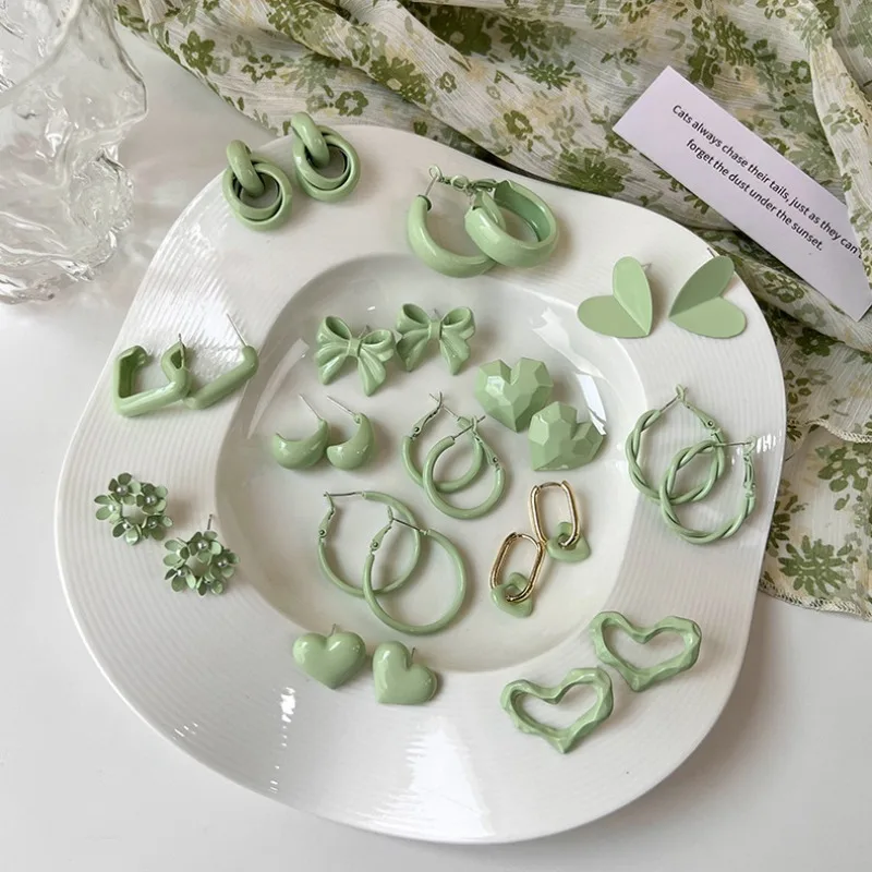 Light Green Geometric Stud Earrings Spring Summer Fresh Elegant Versatile Hypoallergenic Lightweight for Women Daily Party Use