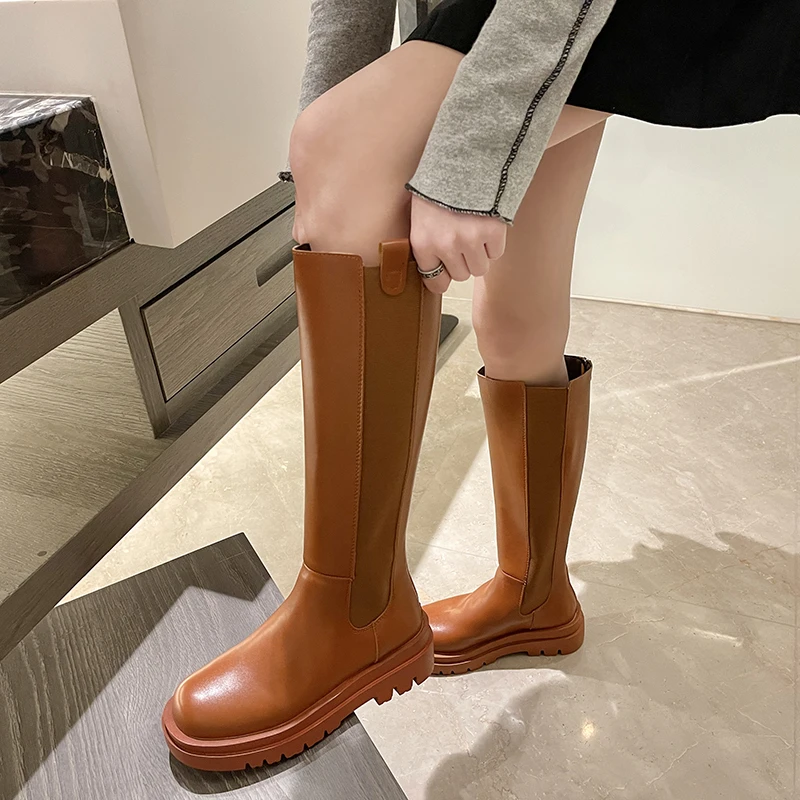 Women Knee High Boots Soft Leather Platform Winter Motorcycle Shoes Woman High Heels Zipper Long Boots Ins Hot Chunky Shoes