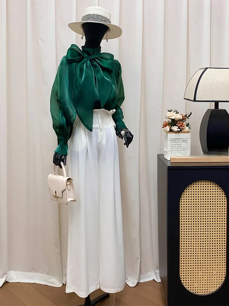 

Новая весенняя свободная блузка Pigno большого размера из органзы с рукавами-фонариками, универсальный топ для повседневной носки, корейская версия, с длинными рукавами, полиэстер