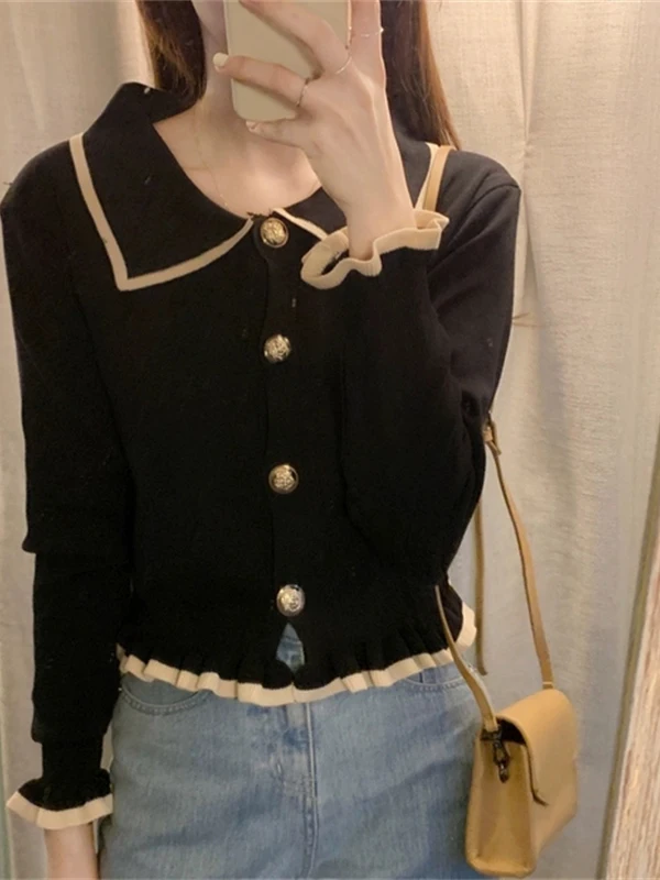 Retro Doll Collar Knitted Sweater Women's Base Shirt Fashionable Unique Autumn Winter High-End Feeling Inner Wear Top