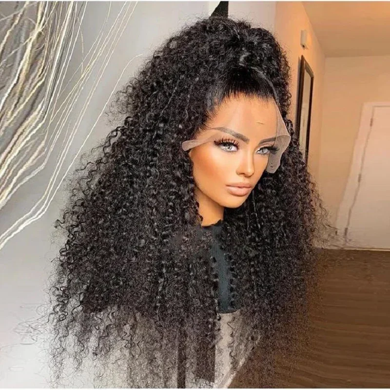 26 بوصة لينة 180 الكثافة طويل غريب مجعد طبيعي أسود عميق الدانتيل شعر مستعار أمامي للنساء Babyhair غلويليس قطعها يوميا