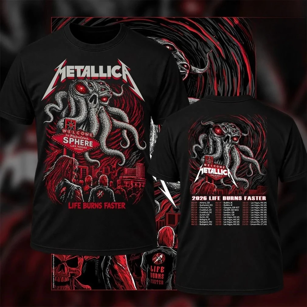 Metallica 2026 Las Vegas Sphere Tour Tshirt Life Burns Faster Octopus Devil Poker Casino Double Sided Print Unisex Rock Heavy