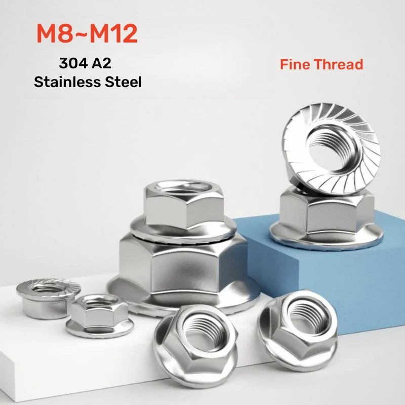 

2~5pcs M8 M10 M12 Fine Thread 304 A2-70 Stainless Steel Hexagon Hex Serrated Lock Spinlock Flange Nut Pitch 1mm 1.25mm 1.5mm