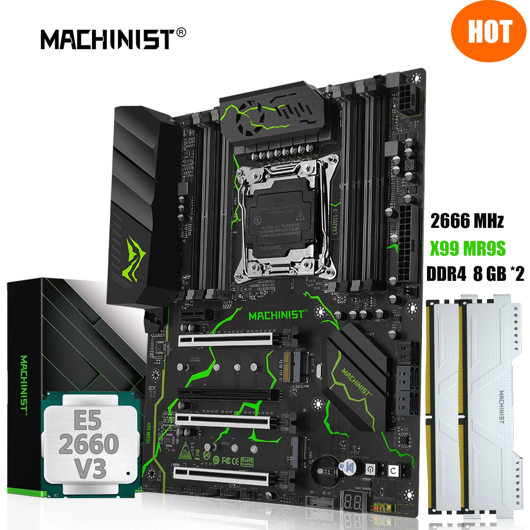 MACHINIST X99 MR9S Motherboard Combo LGA 2011-3 Xeon Kit E5 2660 V3 CPU DDR4 16GB 2666MHz RAM Memory NVME M.2 SSD Four Channel