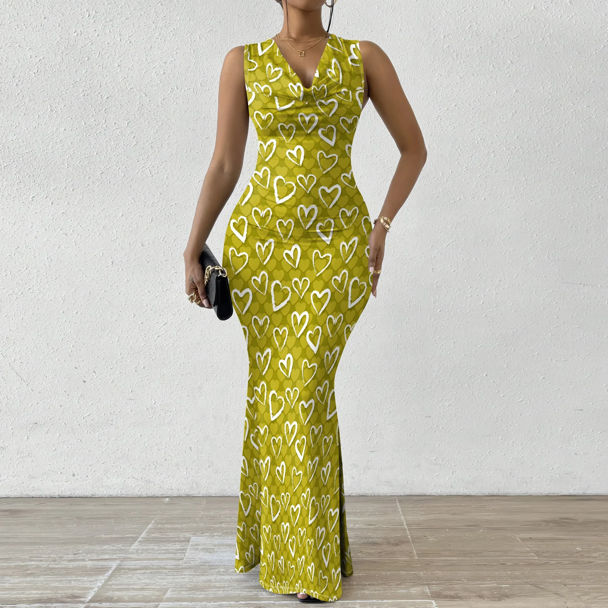 

Women's Mermaid Dress Fitted Cowl Neck Fishtail Dress XS-2XL Love Pattern for Graduation Ball Alumni Reunion