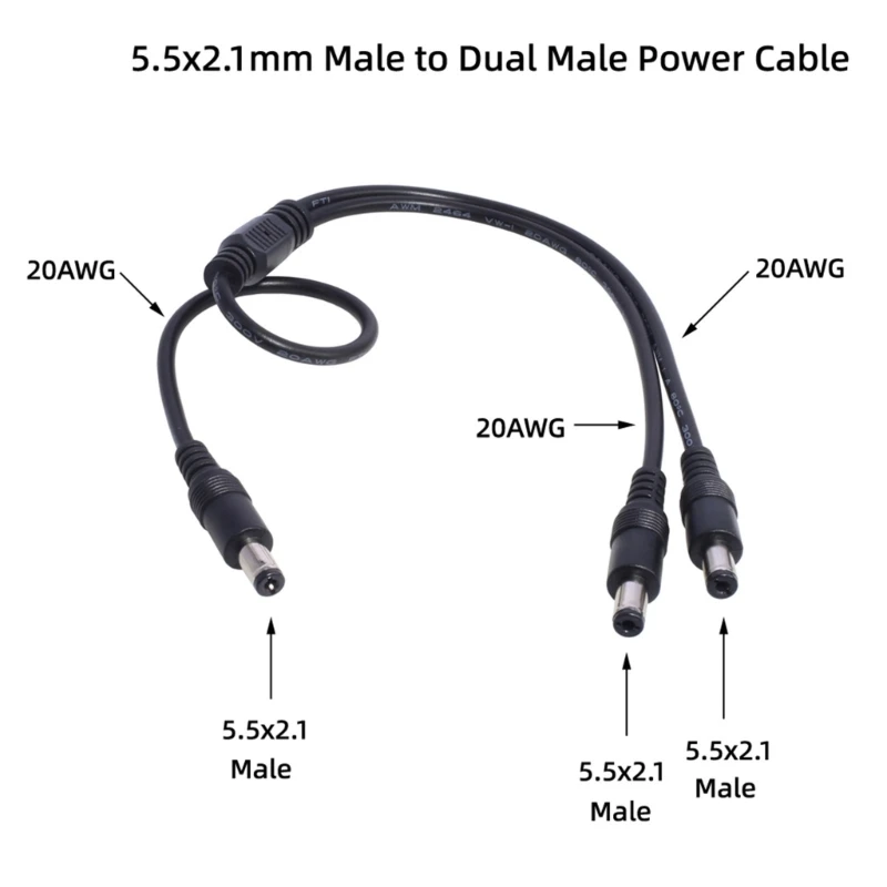 Y Splitter Power Cable 18AWG 5.5x2.1mm Male to 2 Male Supply Splitter Cable